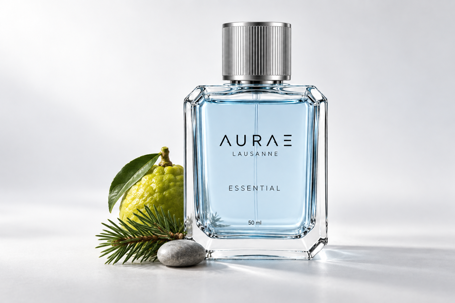 AURAE Essential, bergamote, pin et galet du lac, réunis dans une nature morte
