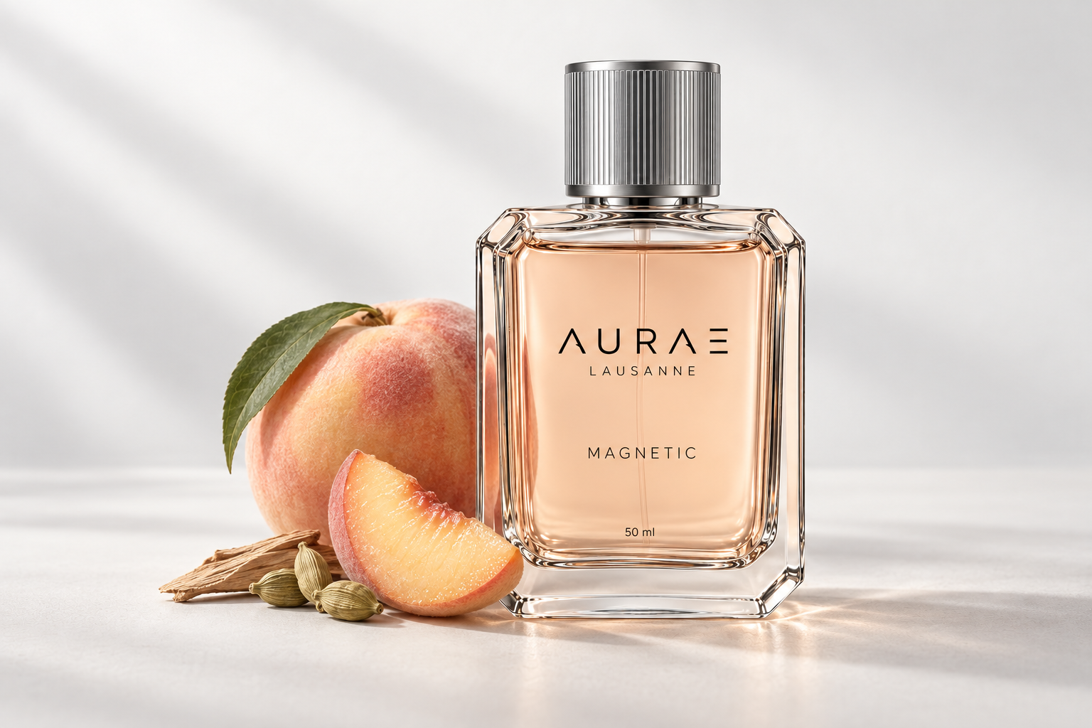 AURAE Magnetic, pêche, cardamome et bois de santal, réunis dans une nature morte